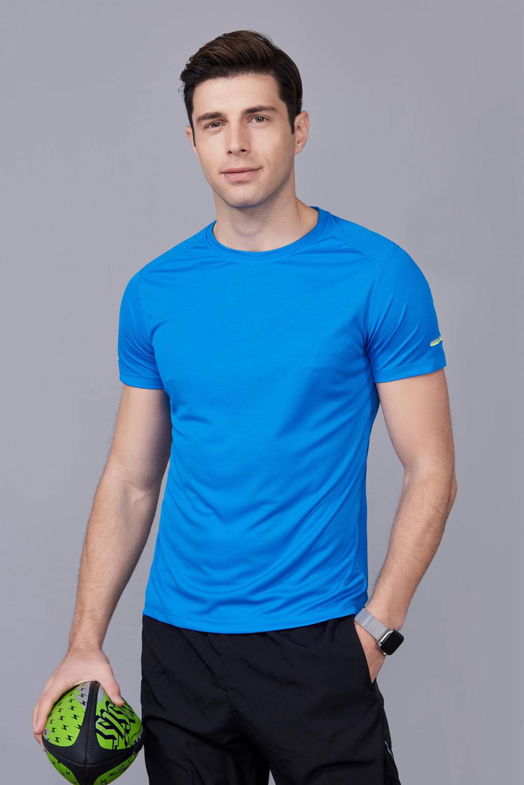 超彈力純色上衣 夏季男裝T恤文化衫 湖藍(lán)【圓領(lǐng)】